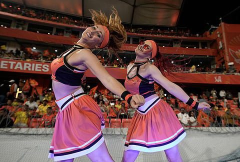 Cheer girls dance during the Indian Premier League cricket match between Sunrisers Hyderabad and Chennai Super Kings in Hyderabad.