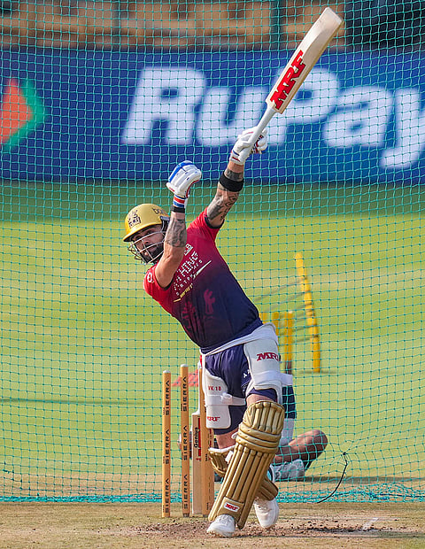 Royal Challengers Bengaluru's Virat Kohli during a practice session before an Indian Premier League (IPL) 2026 T20 cricket match between Royal Challengers Bengaluru and Delhi Capitals, in Bengaluru, Karnataka.