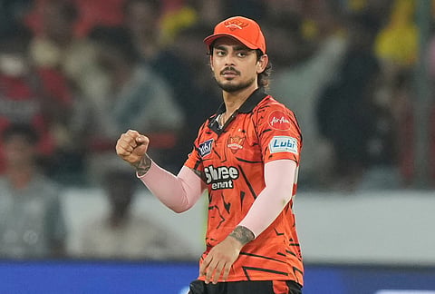Sunrisers Hyderabad's captain Ishan Kishan celebrates the wicket of Chennai Super Kings' Jamie Overton during the Indian Premier League cricket match between Sunrisers Hyderabad and Chennai Super Kings in Hyderabad.