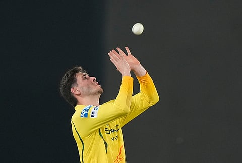 Chennai Super Kings' Noor Ahmed takes the catch to dismiss Sunrisers Hyderabad's Aniket Verma during the Indian Premier League cricket match between Sunrisers Hyderabad and Chennai Super Kings in Hyderabad.