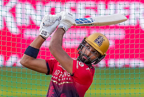 Royal Challengers Bengaluru's Devdutt Padikkal during a practice session before an Indian Premier League (IPL) 2026 T20 cricket match between Royal Challengers Bengaluru and Delhi Capitals, in Bengaluru, Karnataka.