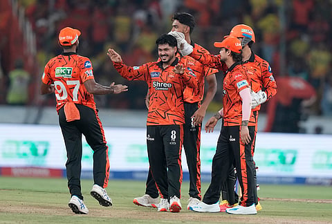Sunrisers Hyderabad's Shivang Kumar, center, celebrate with teammates the wicket of Chennai Super Kings' Dewald Brevis during the Indian Premier League cricket match between Sunrisers Hyderabad and Chennai Super Kings in Hyderabad.

