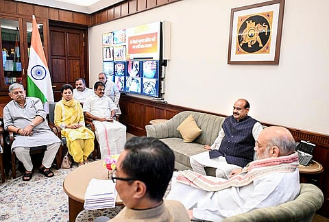Lok Sabha Speaker Om Birla meets Union Home Minister Amit Shah, Union Parliamentary Affairs Minister Kiren Rijiju, Congress MPs Kumari Selja and KC Venugopal and others after the House was adjourned sine die, concluding the Budget session of Parliament, in New Delhi. 