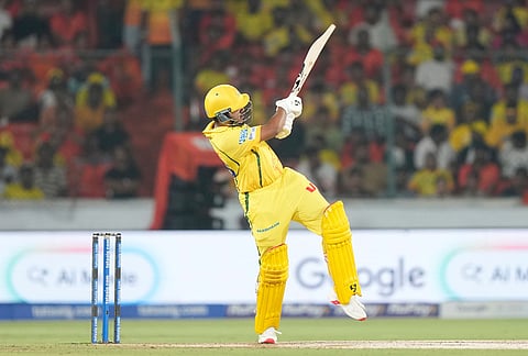 Chennai Super Kings' Ayush Mhatre hits a six during the Indian Premier League cricket match between Sunrisers Hyderabad and Chennai Super Kings in Hyderabad.