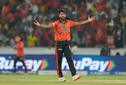 Sunrisers Hyderabad's Praful Hinge celebrates the wicket of Chennai Super Kings' Jamie Overton during the Indian Premier League cricket match between Sunrisers Hyderabad and Chennai Super Kings in Hyderabad.A.
