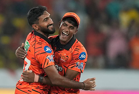 Sunrisers Hyderabad's Eshan Malinga, left, and Sakib Hussain celebrates the wicket of Chennai Super Kings' Matthew Short during the Indian Premier League cricket match between Sunrisers Hyderabad and Chennai Super Kings in Hyderabad.