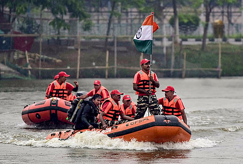 Officials take part in a joint flood relief exercise, 'Jal Rahat', conducted by the Army, NDRF, SDRF, and SSB, in Guwahati, Assam.