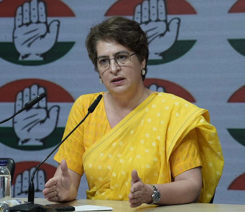 Priyanka Gandhi at a press conference on the Womens Reservation Bill.