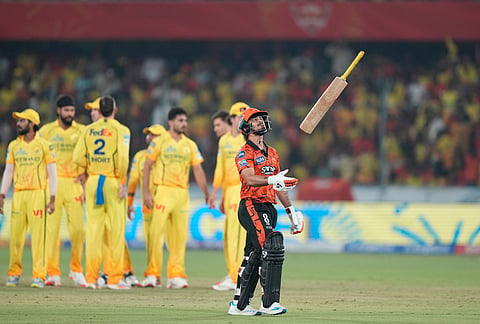 Sunrisers Hyderabad's captain Ishan Kishan toss his bat after loosing his wicket during the Indian Premier League cricket match between Sunrisers Hyderabad and Chennai Super Kings in Hyderabad.