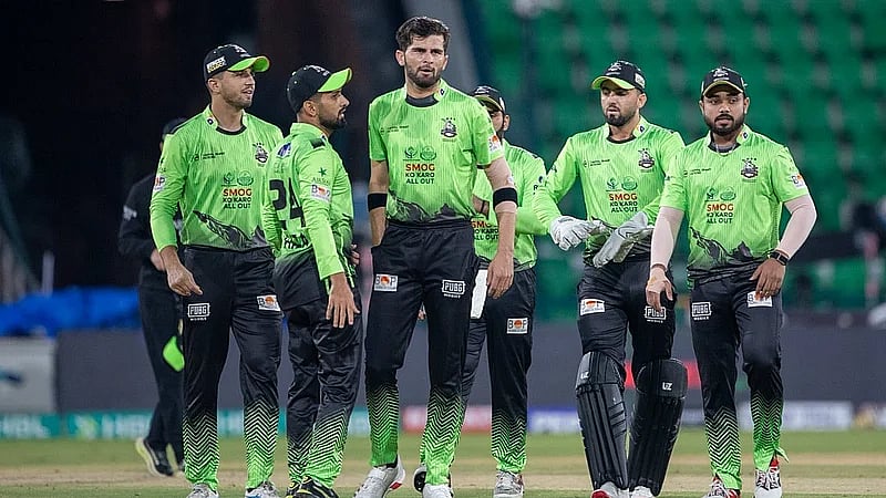 Lahore Qalandars' players celebrating a wicket of Multan Sultans during a PSL 2026 clash at Gaddafi Stadium in Lahore.  - Photo: thepslt20/X