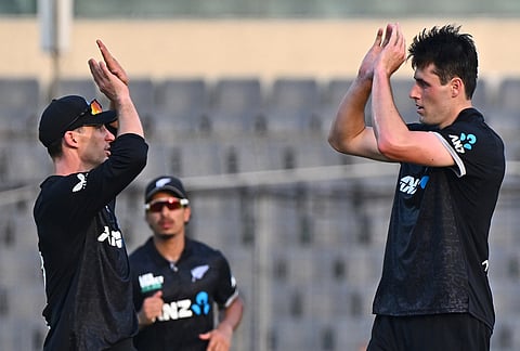 New Zealand's Will O'Rourke, right, celebrates with teammates the wicket of Bangladesh's Saif Hassan during the first one day international cricket match between Bangladesh and New Zealand in Mirpur, Bangladesh.