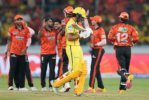 Chennai Super Kings' captain Ruturaj Gaikwad leaves the ground after losing his wicket during the Indian Premier League cricket match between Sunrisers Hyderabad and Chennai Super Kings in Hyderabad.