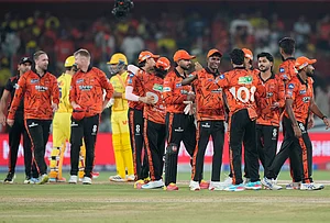 | Photo: AP/Mahesh Kumar A. : Sunrisers Hyderabad's players celebrate after won the match during the Indian Premier League cricket match against Chennai Super Kings in Hyderabad.