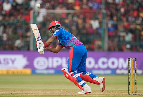 Delhi Capitals' KL Rahul plays a shot during the Indian Premier League cricket match between Royal Challengers Bengaluru and Delhi Capitals in Bengaluru.