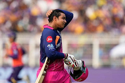 Rajasthan Royals' Vaibhav Sooryavanshi leaves the ground after losing his wicket during the Indian Premier League cricket match between Kolkata Knight Riders and Rajasthan Royals in Kolkata, India.