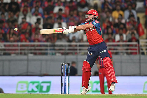 Punjab Kings' Marcus Stoinis plays a shot during the Indian Premier League cricket match between Punjab Kings and Lucknow Super Giants in New Chandigarh, India.