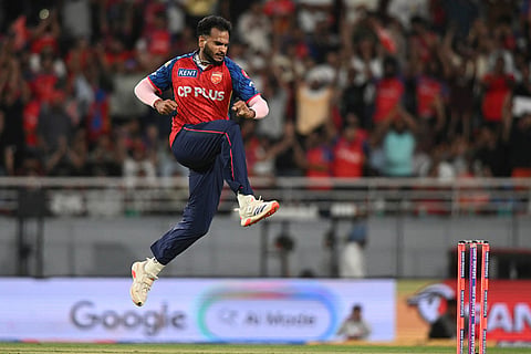 Punjab Kings' Vijaykumar Vyshak celebrates the wicket of Lucknow Super Giants' Ayush Badoni during the Indian Premier League cricket match between Punjab Kings and Lucknow Super Giants in New Chandigarh, India.