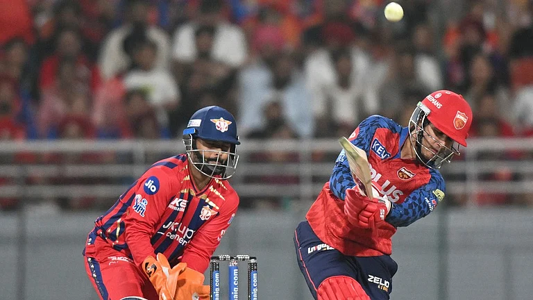 Priyansh Arya hits a six during the Indian Premier League match between Punjab Kings and Lucknow Super Giants in New Chandigarh. - AP