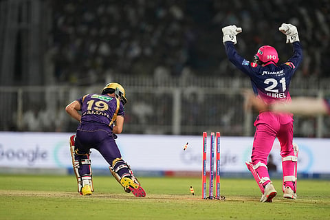 Kolkata Knight Riders' Ramandeep Singh is bowled out by debutant Rajasthan Royals' Yash Raj during the Indian Premier League cricket match between Kolkata Knight Riders and Rajasthan Royals in Kolkata, India.