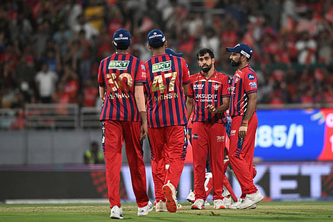 Lucknow Super Giants' Prince Yadav, second from right, celebrates the wicket of Punjab Kings' Cooper Connolly during the Indian Premier League cricket match between Punjab Kings and Lucknow Super Giants in New Chandigarh, India.