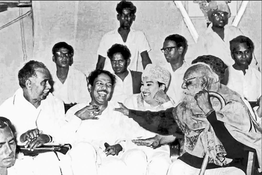 | Source: DMK Archives : First Steps: Periyar, M.G. Ramachandran, Kalaignar and C.N. Annadurai during the inception of Dravida Kazhagam