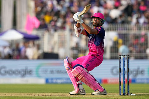 Rajasthan Royals' Yashasvi Jaiswal plays a shot during the Indian Premier League cricket match between Kolkata Knight Riders and Rajasthan Royals in Kolkata, India.