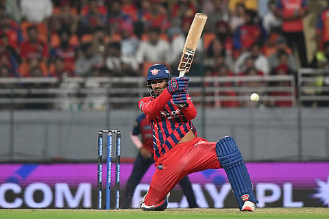 Lucknow Super Giants' Mukul Choudhary plays a shot during the Indian Premier League cricket match between Punjab Kings and Lucknow Super Giants in New Chandigarh, India.