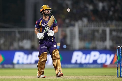 Kolkata Knight Riders' Rinku Singh reacts after hitting the winning runs during the Indian Premier League cricket match against Rajasthan Royals in Kolkata, India.