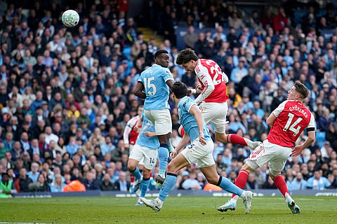 Arsenal's Kai Havertz misses a scoring chance during the English Premier League soccer match between Manchester City and and Arsenal, in Manchester, England.