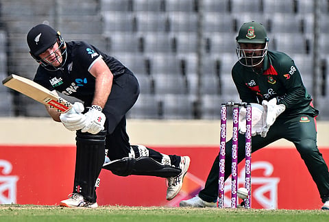 New Zealand's Dean Foxcroft plays a shot during the second one day international cricket match between Bangladesh and New Zealand in Mirpur, Bangladesh.