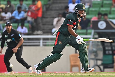 Bangladesh's Najmul Hossain Shanto takes a run during the second one day international cricket match between Bangladesh and New Zealand in Mirpur, Bangladesh.