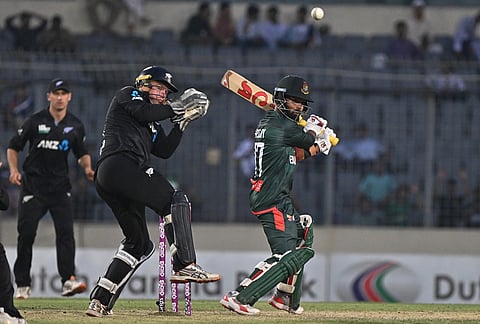 Bangladesh's Tawhid Hridoy plays a shot during the second one day international cricket match between Bangladesh and New Zealand in Mirpur, Bangladesh.