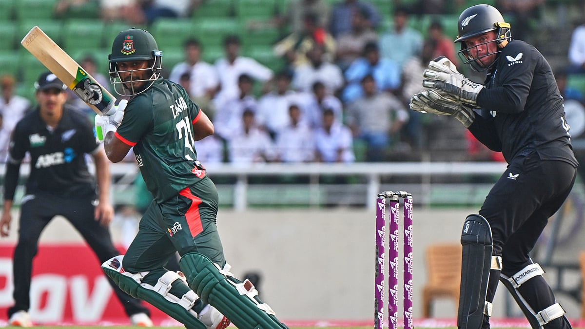 Bangladesh's Tanzid Hasan Tamim plays a shot during the second one day international cricket match between Bangladesh and New Zealand in Mirpur, Bangladesh, Monday, April 20, 2026 - (AP Photo/Mosaraf Hossain)