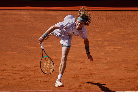 Russia's Andrey Rublev in action during his match against France's Arthur Fils during the ATP Barcelona Open tennis final in Barcelona, Spain.