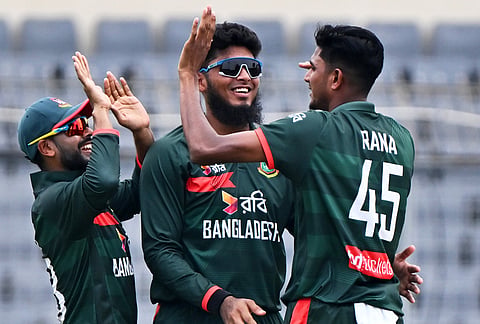 Bangladesh's Nahid Rana celebrates the wicket of New Zealand's Henry Nicholls during the second one day international cricket match between Bangladesh and New Zealand in Mirpur, Bangladesh.