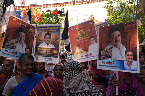 People gather outside the DMK election party office in Madurai during Tamil Nadu Assembly 2026. on April 15, 2026