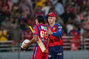 Photo: PTI/Shiva Sharma : Lucknow Super Giants' Himmat Singh, left, interacts with Punjab Kings' Cooper Connolly as he walks off the ground at the end of the play during the Indian Premier League (IPL) 2026 T20 cricket match between Punjab Kings and Lucknow Super Giants, in New Chandigarh, Punjab.