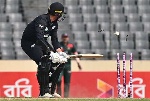 New Zealand's Jayden Lennox bowled out by Bangladesh?s Nahid Rana during the second one day international cricket match between Bangladesh and New Zealand in Mirpur, Bangladesh.