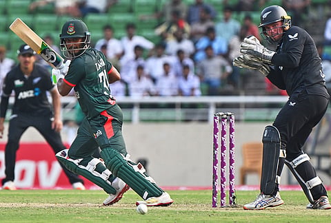 Bangladesh's Tanzid Hasan Tamim plays a shot during the second one day international cricket match between Bangladesh and New Zealand in Mirpur, Bangladesh.
