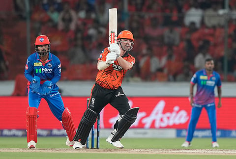 Sunrisers Hyderabad's Travis Head plays a shot during the Indian Premier League cricket match between Sunrisers Hyderabad and Delhi Capitals in Hyderabad.