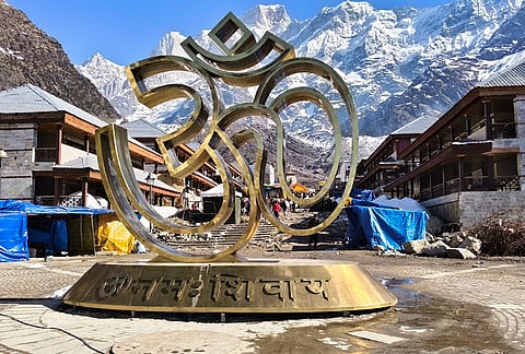 An installation of 'Om' placed near Kedarnath Temple as part of preparations on the eve of its door-opening ceremony, in Rudraprayag.