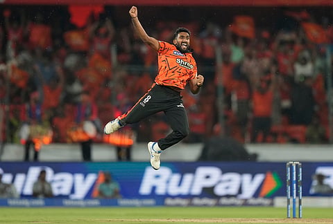 Sunrisers Hyderabad's Eshan Malinga celebrates the wicket of Delhi Capitals' Tristan Stubbs during the Indian Premier League cricket match between Sunrisers Hyderabad and Delhi Capitals in Hyderabad.