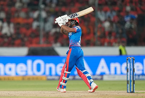 Delhi Capitals' Pathum Nissanka plays a shot during the Indian Premier League cricket match between Sunrisers Hyderabad and Delhi Capitals in Hyderabad.