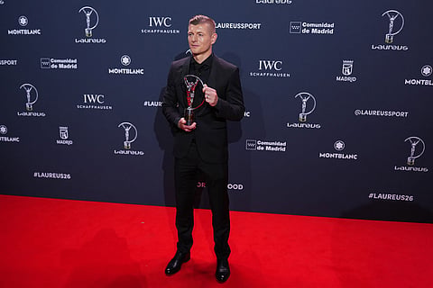Toni Kroos poses with the Laureus Sporting Inspiration Award during the 2026 Laureus World Sports Awards ceremony in Madrid, Spain.