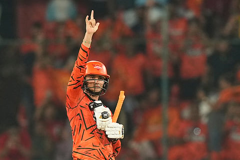 Sunrisers Hyderabad's Abhishek Sharma celebrates his century during the Indian Premier League cricket match between Sunrisers Hyderabad and Delhi Capitals in Hyderabad, India, Tuesday, April 21, 2026.