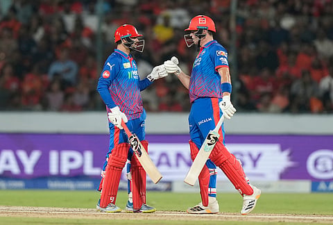 Delhi Capitals' Sameer Rizvi, left, and Tristan Stubbs greet each other during the Indian Premier League cricket match between Sunrisers Hyderabad and Delhi Capitals in Hyderabad.