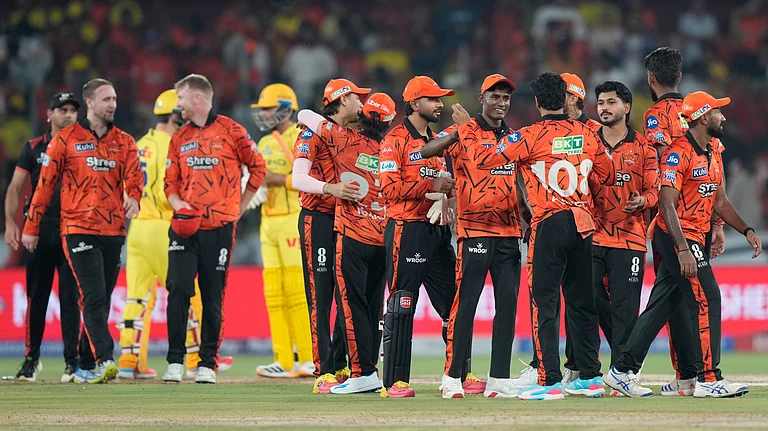 Sunrisers Hyderabad's players celebrate after won the match during the Indian Premier League cricket match against Chennai Super Kings in Hyderabad, India, Saturday, April 18, 2026. - | Photo: AP/Mahesh Kumar A.