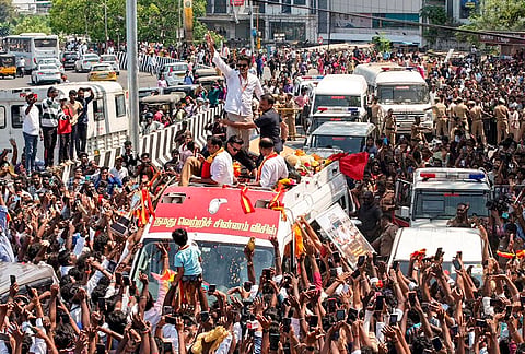 Tamilaga Vettri Kazhagam (TVK) chief Vijay campaigns ahead of the Tamil Nadu Assembly elections. 