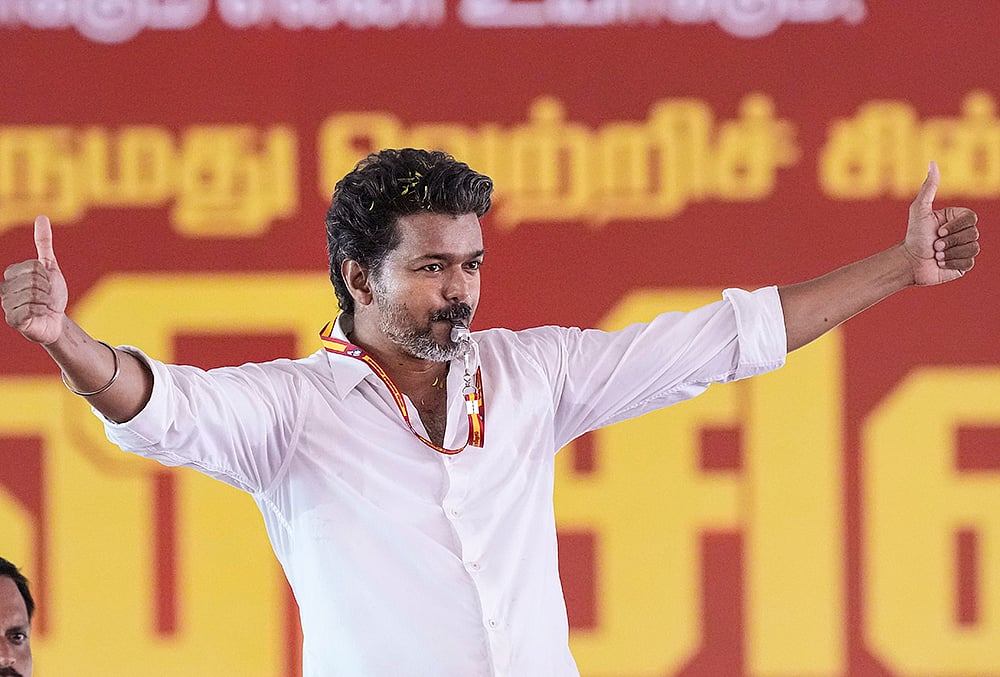 Tamilaga Vettri Kazhagam (TVK) chief Vijay during a public meeting ahead of the Tamil Nadu Assembly elections, in Chennai. - | Photo: PTI/R Senthilkumar