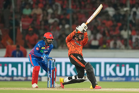 Sunrisers Hyderabad's Abhishek Sharma hits a six during the Indian Premier League cricket match between Sunrisers Hyderabad and Delhi Capitals in Hyderabad.